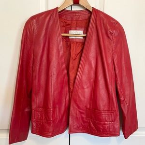 Lord & Taylor Jacket Red Lambpanna Leather Open Front Blazer Womens 4P Petite